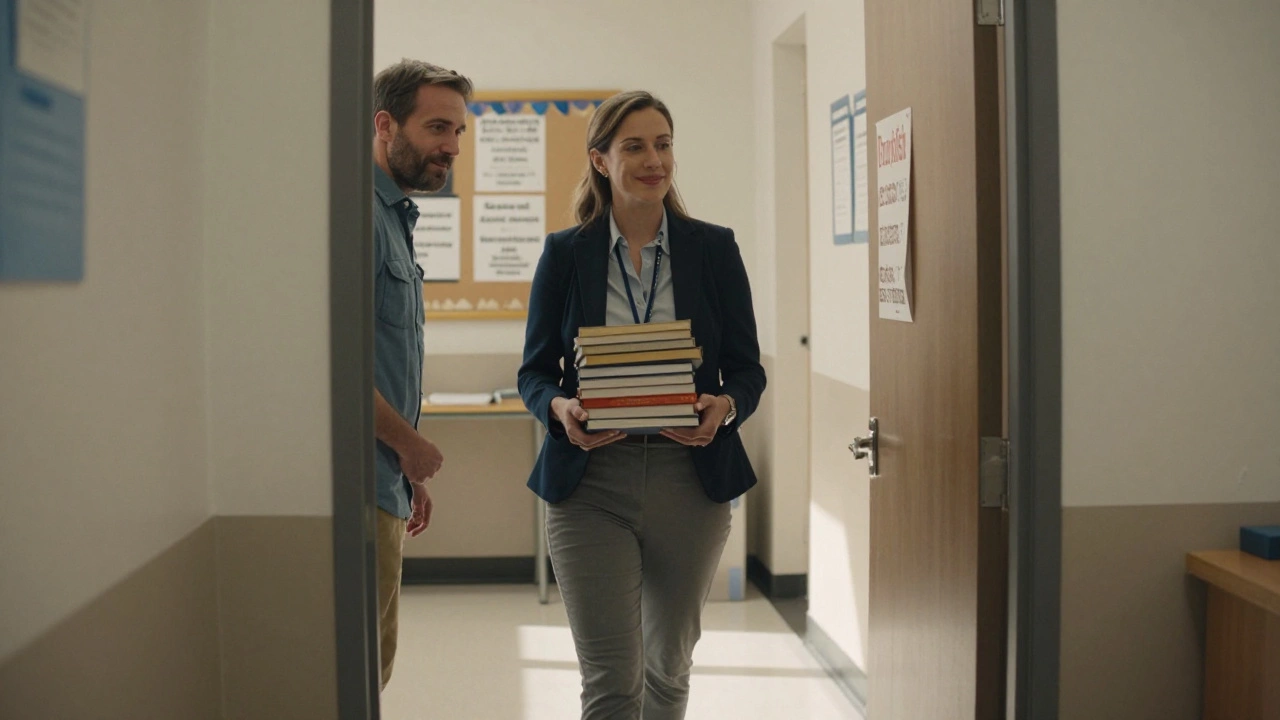 A woman and man in a community center, sharing a quiet, knowing glance.