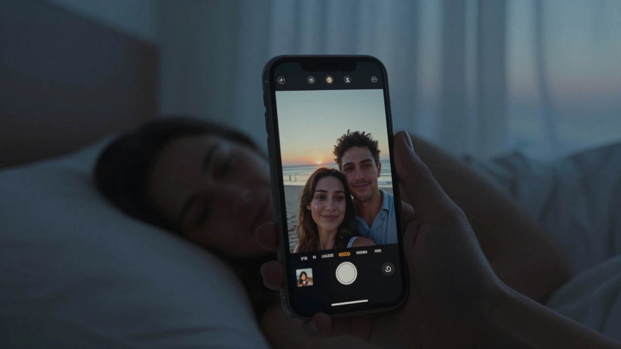 A woman looking at a photo of her partner on her phone, softly lit by bedside light.