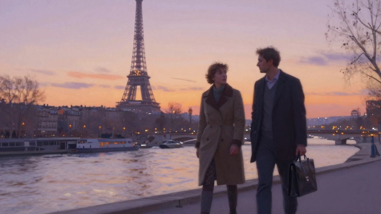 Two people walking quietly along the Seine at sunset, the Eiffel Tower glowing behind them.